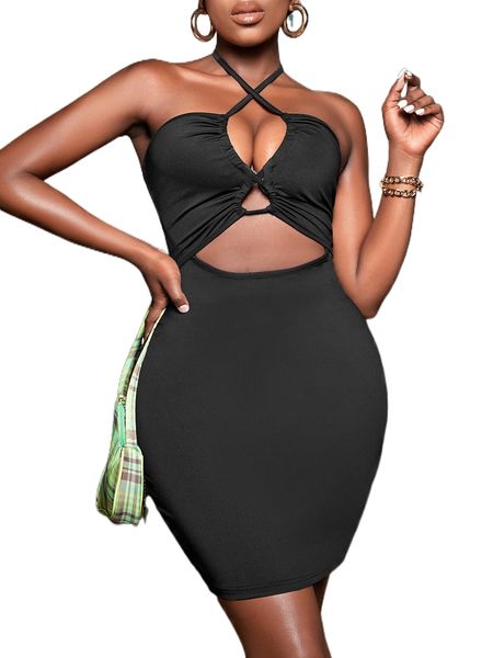 

sxy cut out tie back halter bodycon dress h6km#, Black;gray