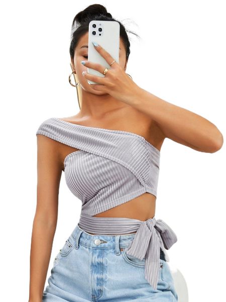 

one shoulder knot velvet x7ct#, White