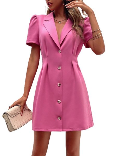 

solid single breasted puff sleeve lapel neck blazer dress l7qd#, White