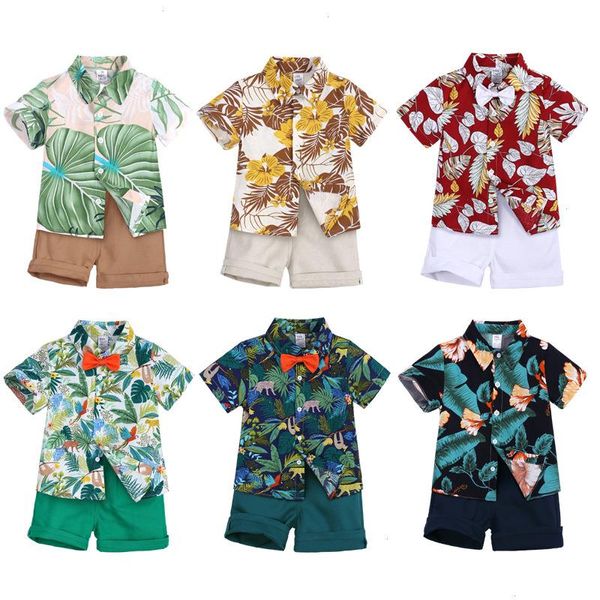 

boy clothing set summer floral short sleeve bowtie shirt shorts casual clothes gentleman 2pcs suit kids outfit 1-7y fashion, White