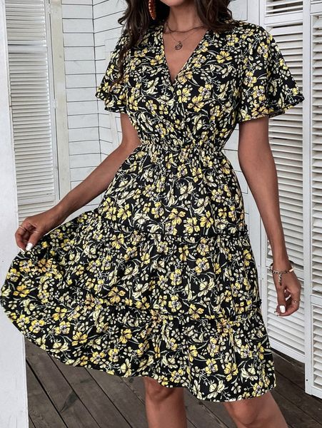 

floral print surplice neck layered frill trim ruffle hem dress s56u#, Black;gray