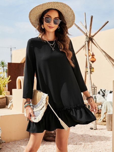 

keyhole back ruffle hem smock dress m1ut#, Black;gray