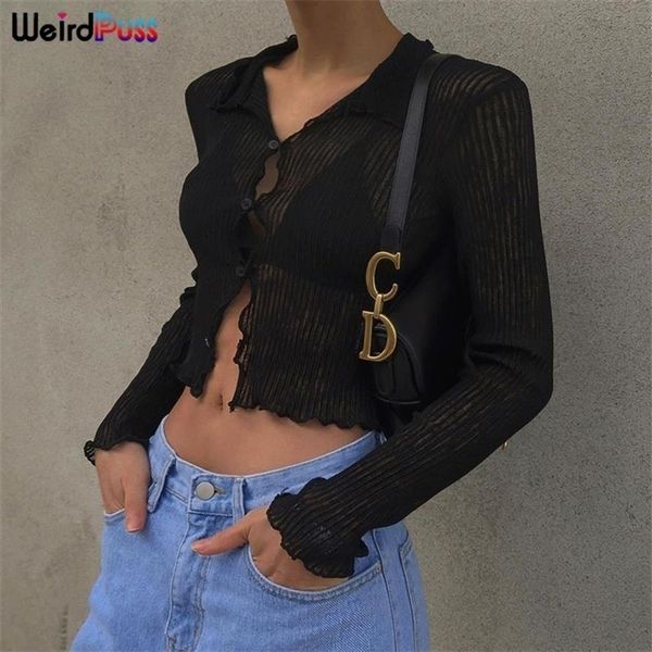 Weird Puss Knitting See Through Black T-Shirts Donna Autunno Trend Manica lunga Ruffles Skinny Top Button Soft Casual Autumn Tees 220408