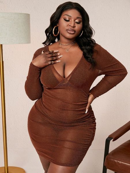 

sxy plus ruched bodycon dress without bra & panty f8ns#, Black