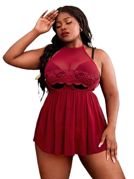 

plus mesh contrast lace halter dress & thong without liner e9dm#, Black;white