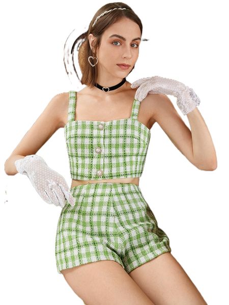 

plaid print button front cami & shorts q4ve#, White