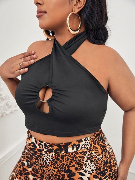 

plus o-ring cut out crossover tie backless crop halter d96c#, Black