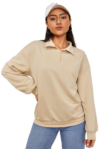 

drop shoulder polo collar sweatshirt w89t#, Black