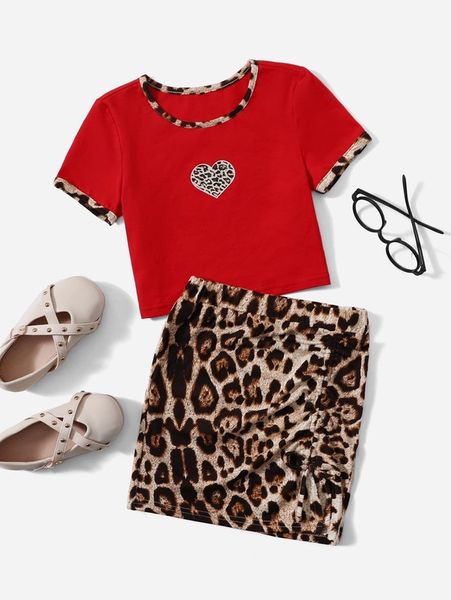 

toddler girls leopard & heart print tee & skirt set she, White