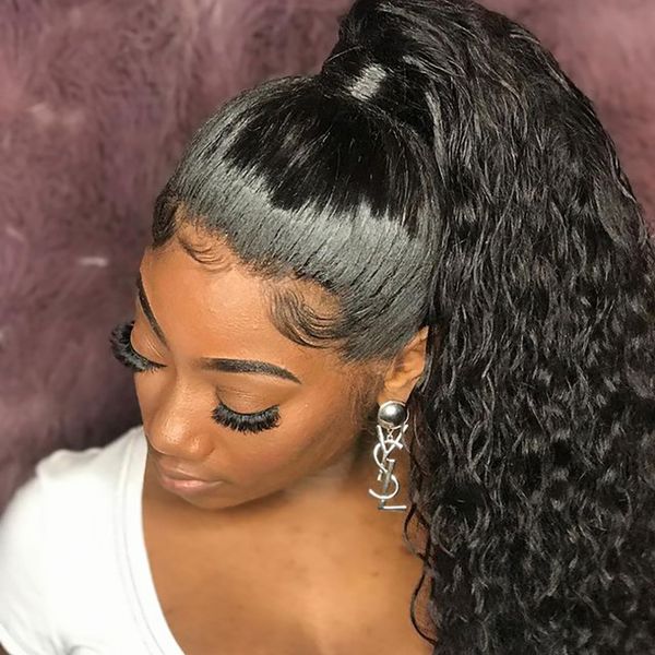 

long water wave ponytail human hair extensions wrap around ponytail drawstring ponytails brazilian 9a hairs curly pony tail clip in hairpiec, Black