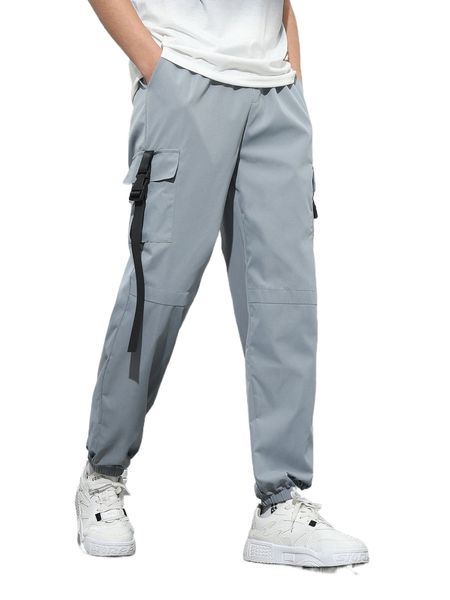 

men buckled letter strap flap pocket side drawstring pants j5j8#, Black