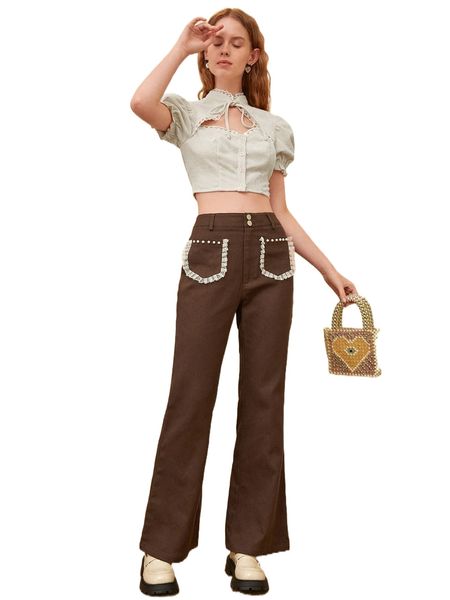 

mod contrast lace pearl beaded detail flare leg pants f1nc#, Black;white