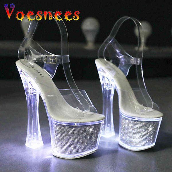 Light Up Glowing LED Stripper Shoes Donna Luminoso Trasparente Trasparente Star Platform Sandali Estate 17.5CM Sexy Tacchi alti in cristallo Y220421