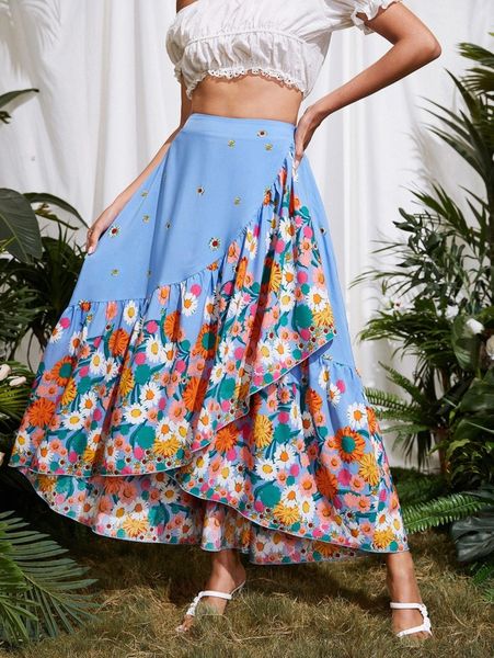 

floral ruffle hem skirt z5e2#, Black