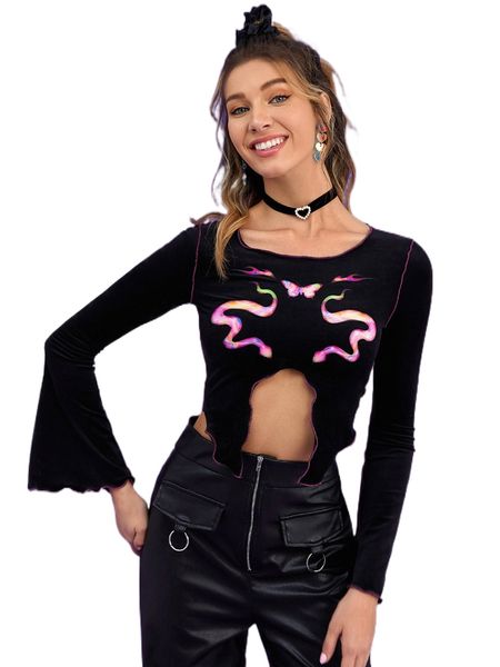 

butterfly print asymmetric hem tee i5t7#, White