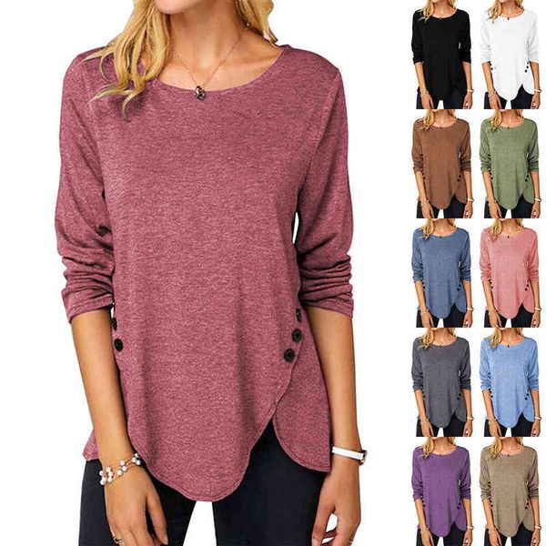 

women's t-shirt irregular hem button long sleeve round neck t-shirt jcin, White