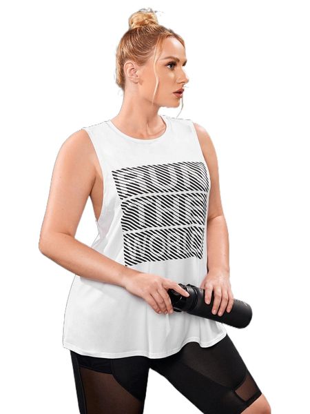 

plus softness letter & striped print sports tank u91g#, Black