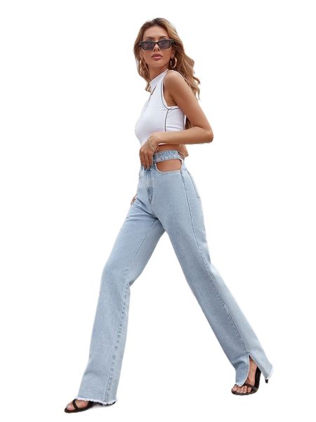 

high waisted cutout slit raw hem jeans f58i#, Blue