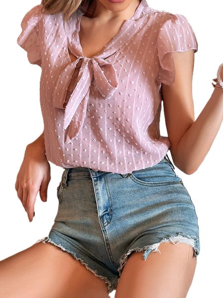 

swiss dot tie neck butterfly sleeve blouse 2429#, White