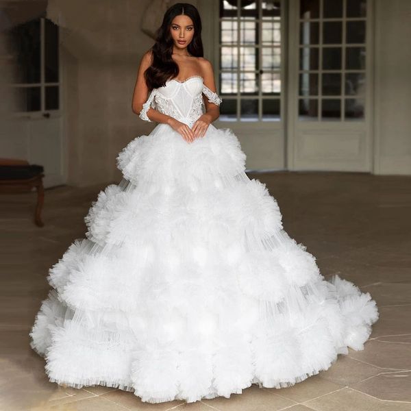 

graceful off shoulder wedding dresses sweetheart bridal gowns tiered ruffles lace appliques bridal dress custom made, White