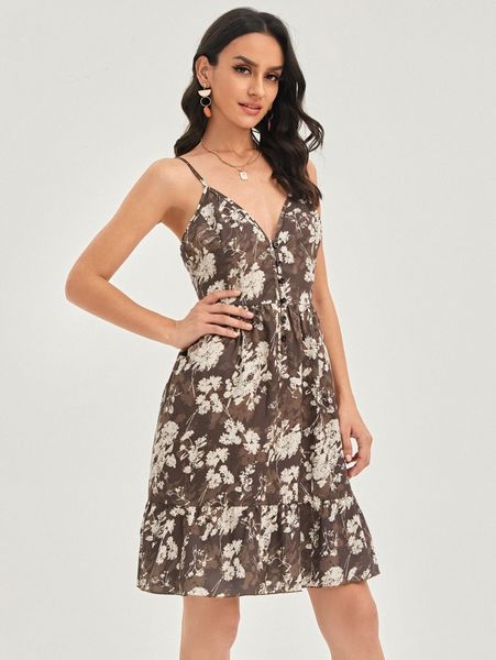 

1pc floral print ruffle hem cami dress w44f#, Black;gray