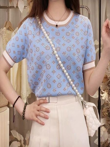 

new 2022 summer women short sleeve fashion knit glitter stones tshirt femme vintage luxury designer slim y2k tee shirt, White
