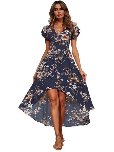 

floral print wrap butterfly sleeve high low hem dress n02t#, Black;gray
