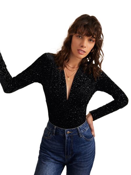 

plunge neck slim fit velvet bodysuit l17i#, White