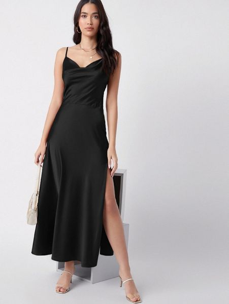 

club split thigh satin cami dress b8m8#, Black;gray