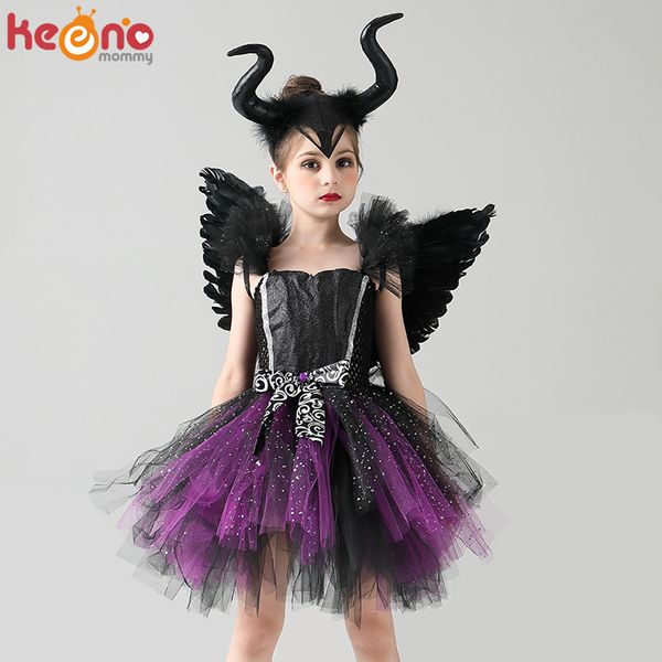 Occasioni speciali Ragazze Evil Dark Fairy Witch Tutu Dress con corna e ali Sparkly Kids Halloween Cosplay Party Costume Fancy Devil 220826