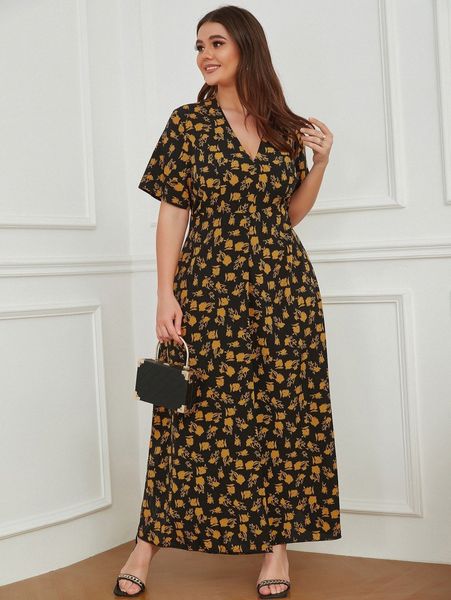 

plus allover floral print slit thigh dress j67c#, Black