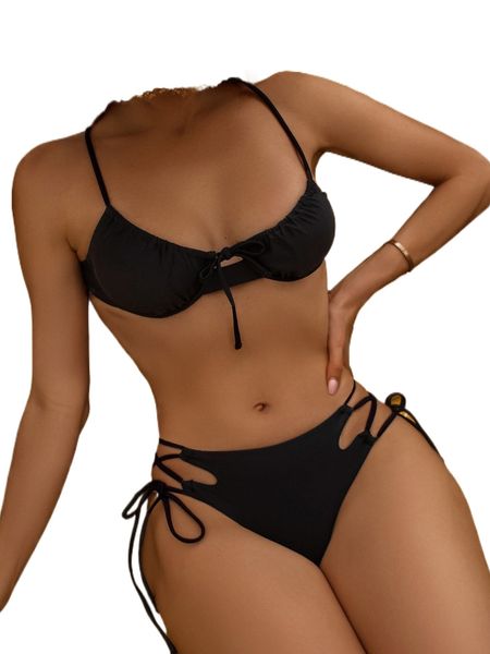 

lace-up push up bikini swimsuit i6sm#, White;black