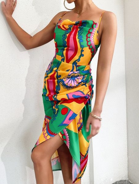 

draped ruched wrap hem graphic print cami dress p3w4#, Black;gray