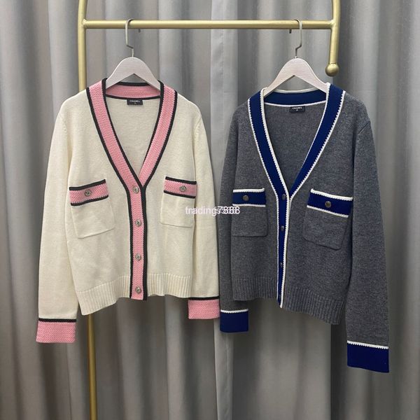 

women's knits & tees autumn and winter small fragrance color contrast v-neck cashmere cardigan college style sweater counter quality wo, White