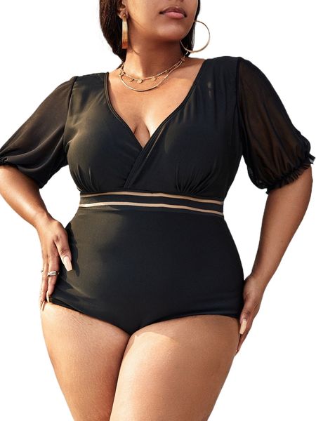 

plus mesh panel puff sleeve one piece swimsuit n2uf#, White;black