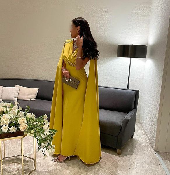 

yellow mermaid evening dresses v neck pleats prom with shawl dubai celebrity saudi arabia party gowns, Black;red