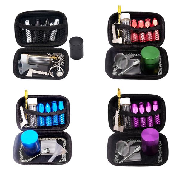 Fumo colorato multifunzione Snuff Snorter Sniffer Pocket Kit Cucchiaio di vetro Stash Bottle Dry Herb Tabacco Jar Tip Collana Portasigarette Zipper Bag DHL Free