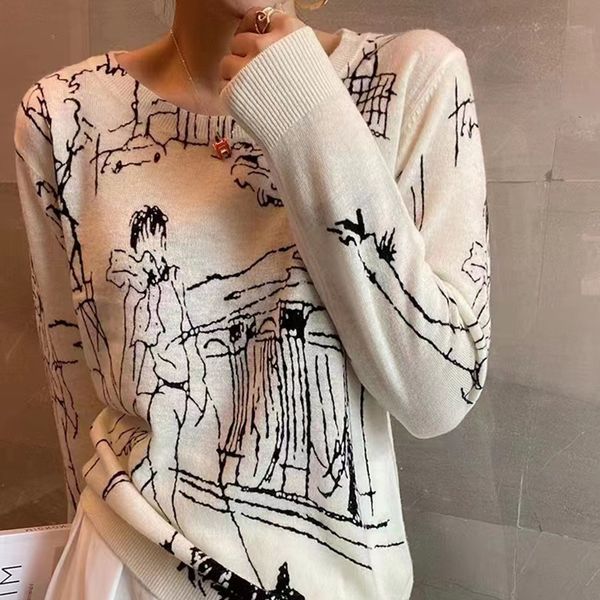 

fine imitation wool knitted t-shirt women's short-sleeved graffiti digital jacquard pullover ladies sweater 22 summer trendy, White