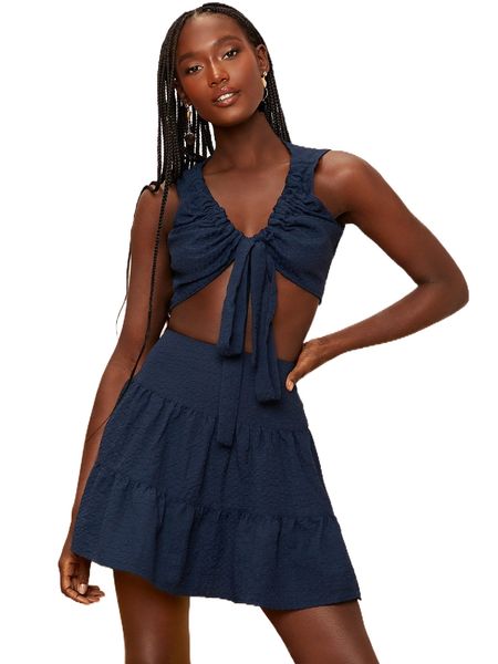 

newness solid tie front & ruffle hem skirt set q8nk#, White