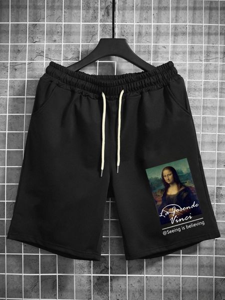 

men figure & slogan graphic drawstring waist shorts 93ui#, White;black