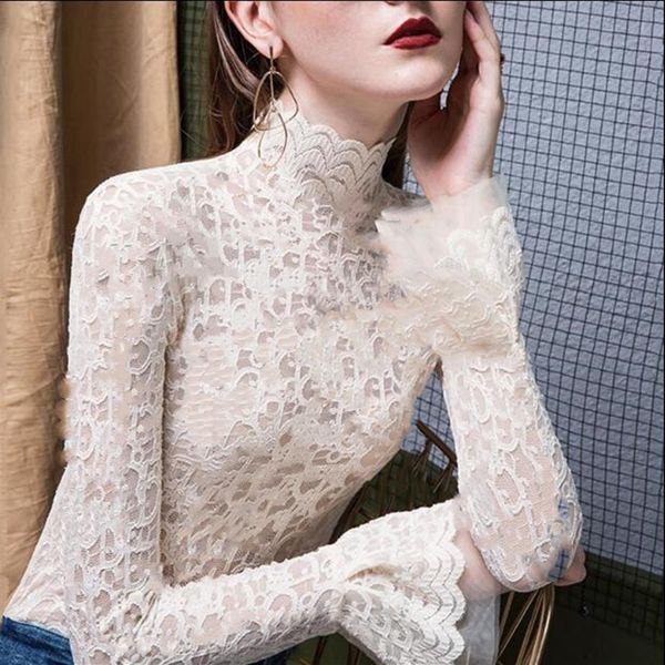 

-style women's autumn winter undershirt celebrity same style high temperament lace micro through long sleeve307f, White