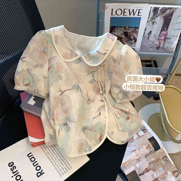 

women's blouses shirts french national style bubble sleeve shirt women's summer design baby collar improved cheongsam short 7mar, White
