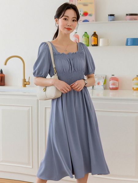 

dazy shirred waist puff sleeve dress w0ld#, Black;gray