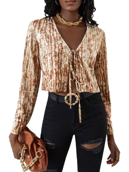 

tie dye knot front velvet crop m1fo#, White