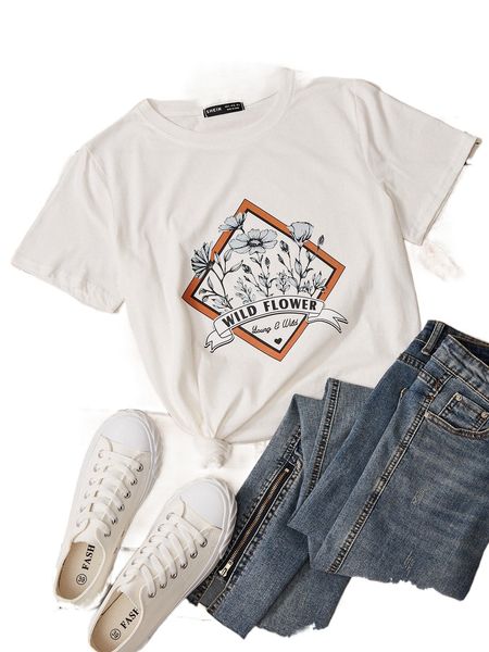 

plus slogan & floral print tee t55k#, Black