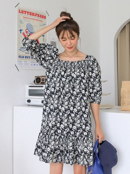 

dazy floral print square neck ruffle hem babydoll dress c93u#, Black;gray