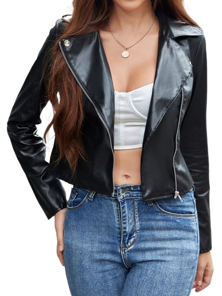 

lapel neck zip detail pu leather moto jacket p1aa#, Black;brown