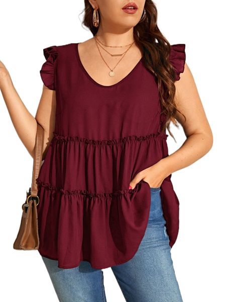 

plus butterfly sleeve frill trim peplum blouse 72tw#, Black