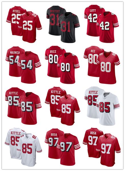 Futebol 13 Purdy 85 Kittle 23 McCaffrey 29 Hufanga 97 Bosa 19 Deebo Samuel 5 Lance 54 Warner 25 Mitchell 16 Joe 80 Rice 42 Lott 8 Young 11 Aiyuk Jersey Vermelho Branco Preto 49