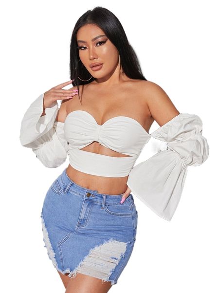 

sxy off shoulder gathered sleeve cut out backless i6nh#, White